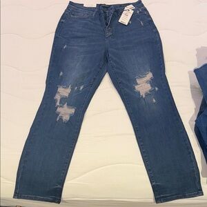 Judy Blue Distressed Straight Leg Jeans - Dark Blue